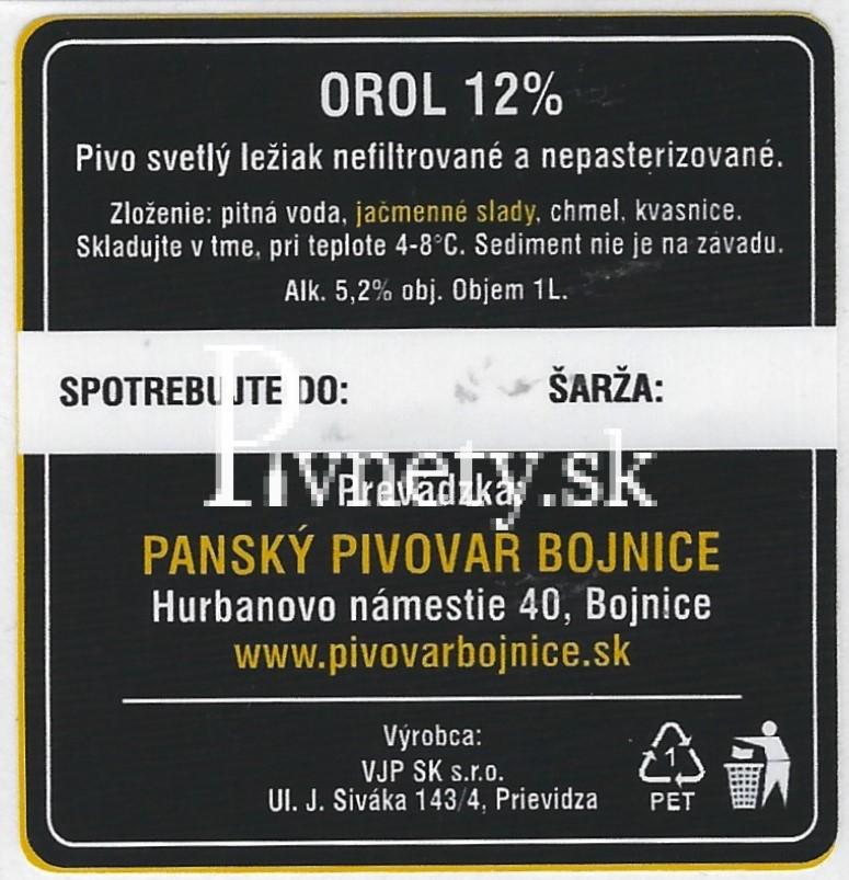 Pánsky pivovar Bojnice - Orol 12° (zadovka)