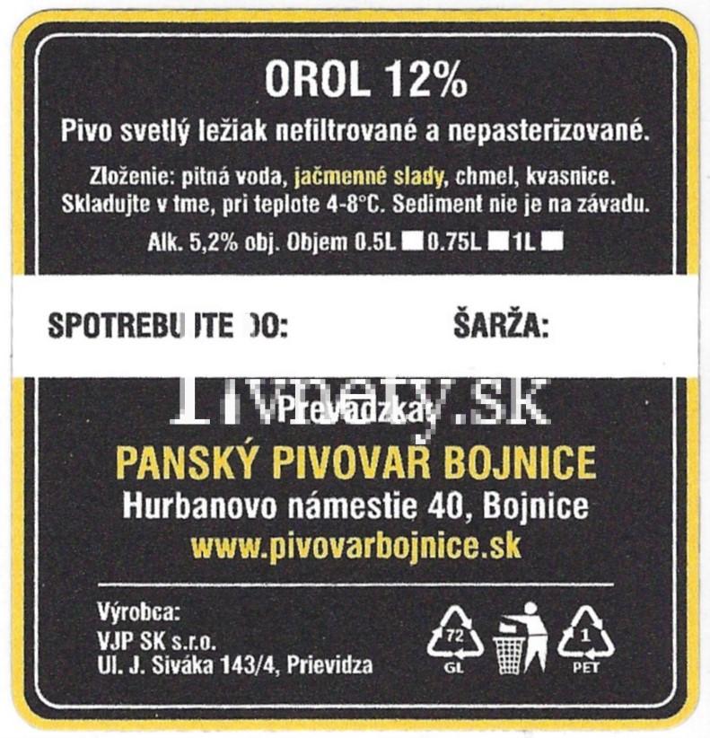 Panský pivovar Bojnice - Orol 12° (zadovka)