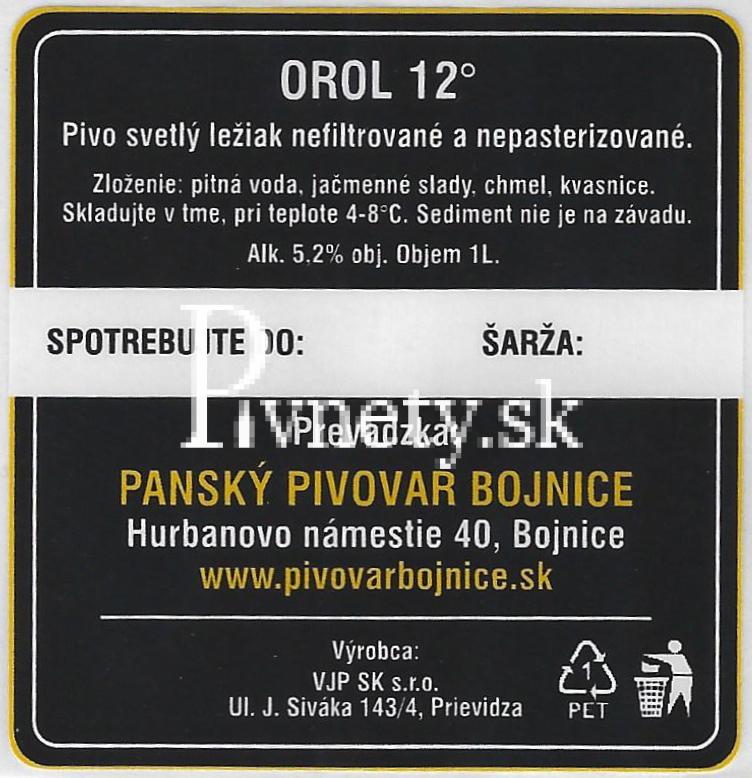 Pánsky pivovar Bojnice - Orol 12° (zadovka)