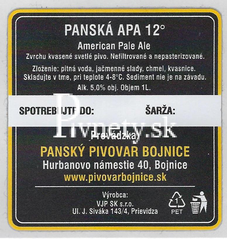 Pánsky pivovar Bojnice - Panská APA 12° (zadovka)