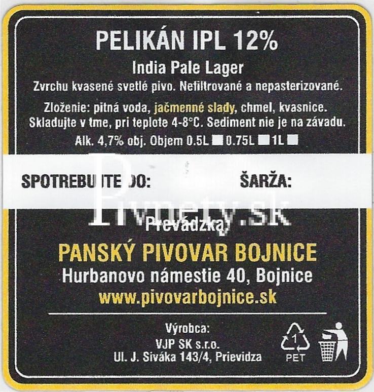 Panský pivovar Bojnice - Pelikán IPL 12° (zadovka)