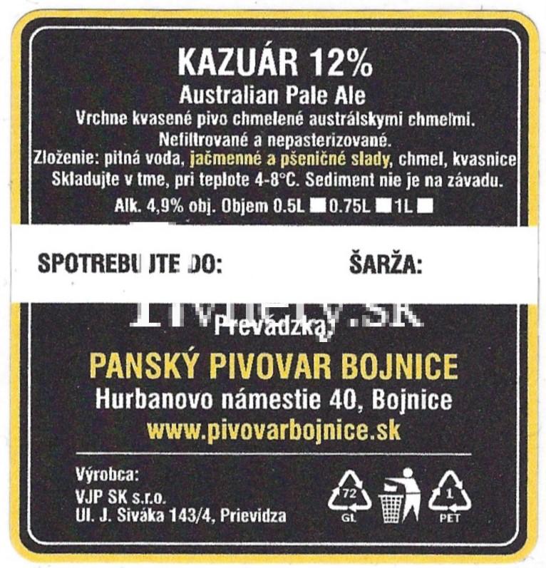 Panský pivovar Bojnice - Kazuár APA 12° (zadovka)