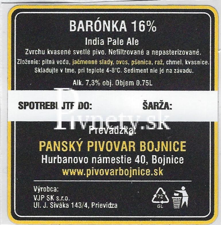Panský pivovar Bojnice - IPA Barónka 16° (zadovka)